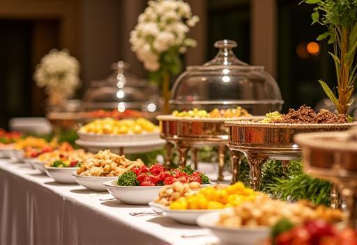 Large event catering setup with table decorations