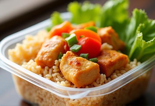 Close-up of a typical packed meal with rice, chicken, and vegetables